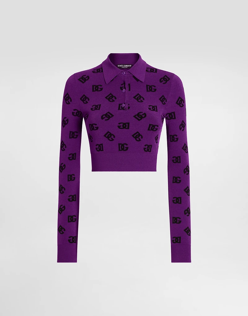 Long-sleeved viscose jacquard polo shirt