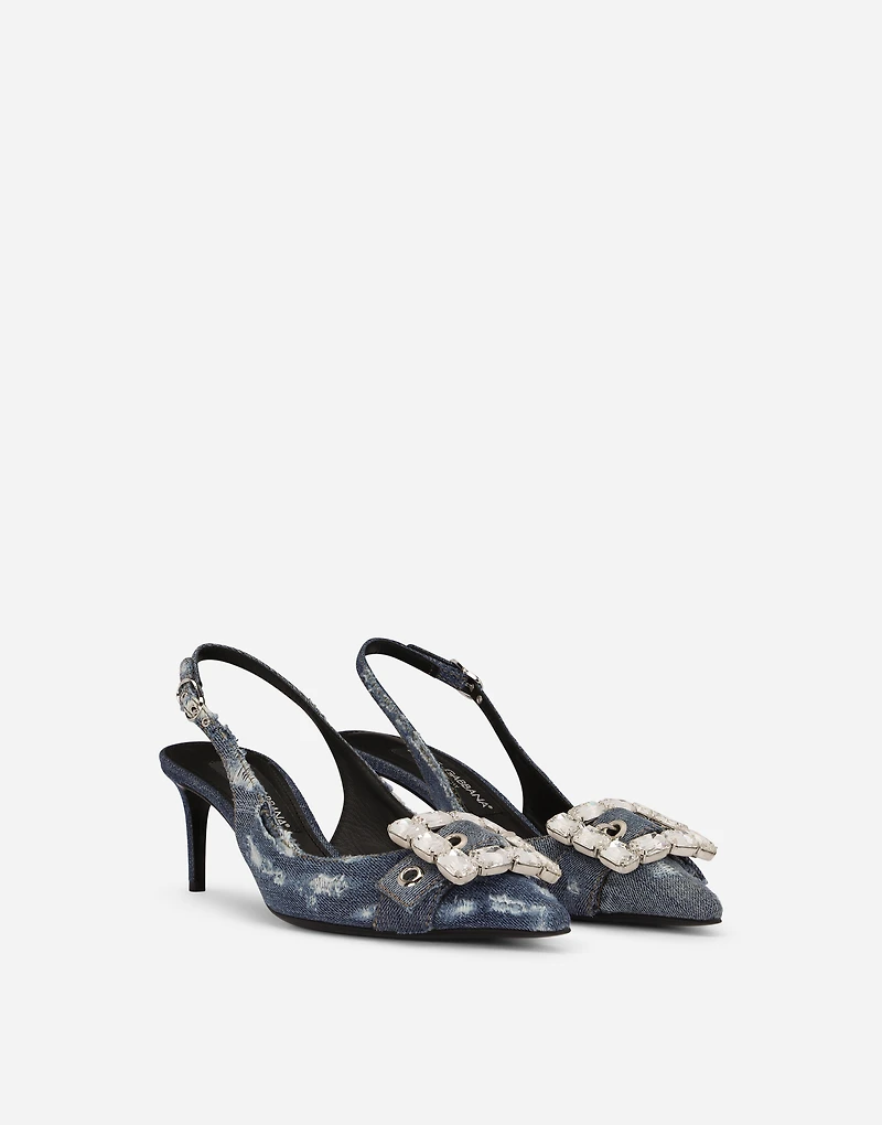 Patchwork denim slingbacks with rhinestone buckle