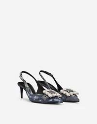 Patchwork denim slingbacks with rhinestone buckle