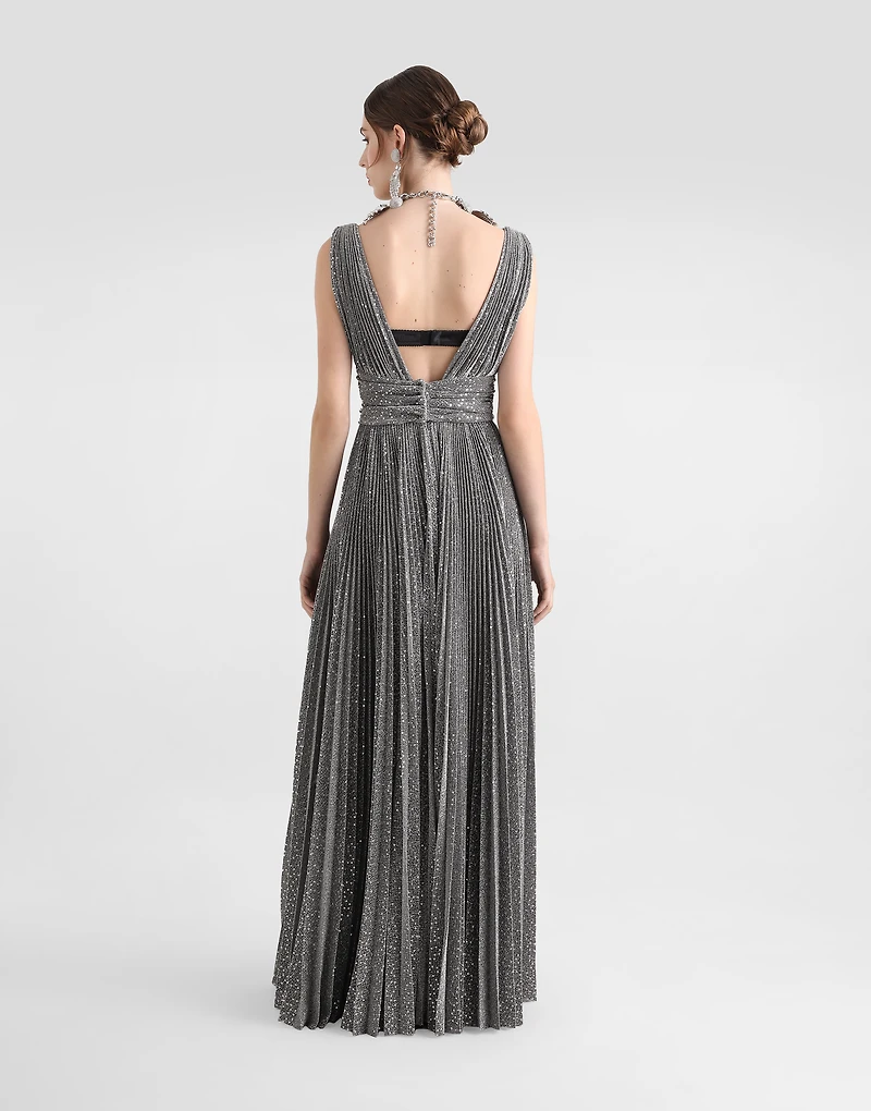 Long pleated dress with micro-sequin embellishment