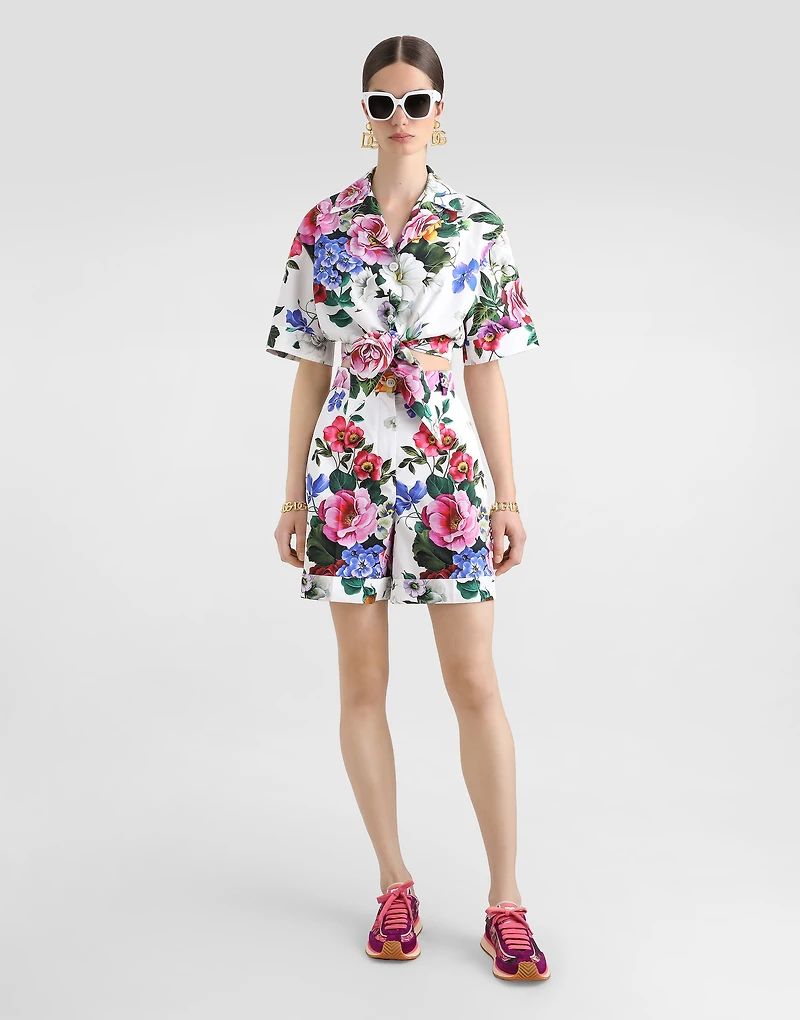 Cotton pussy-bow shirt with floral print