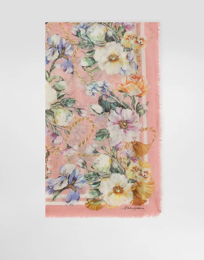 Large silk and cashmere scarf with floral print (140x140)