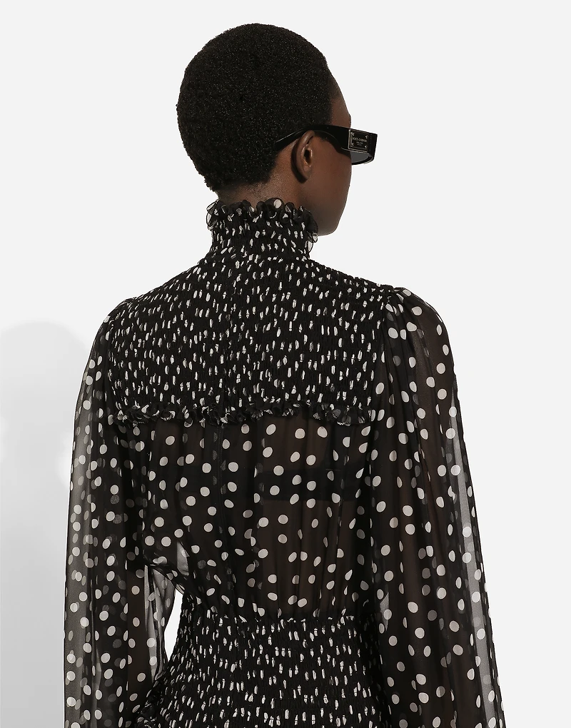 Chiffon midi dress with smock stitching and micro-polka dot print