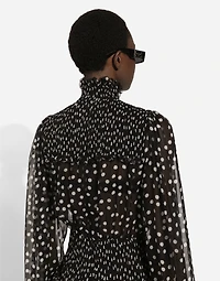 Chiffon midi dress with smock stitching and micro-polka dot print