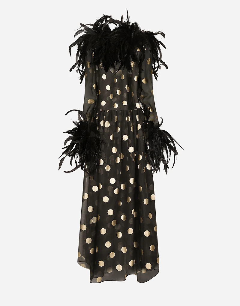 Long polka-dot silk organza dress with feathered details