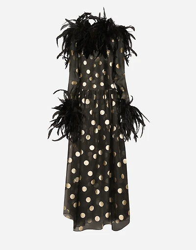 Long polka-dot silk organza dress with feathered details