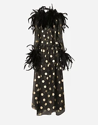 Long polka-dot silk organza dress with feathered details