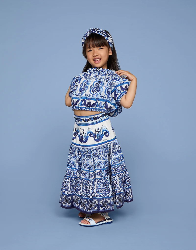 Long majolica-print poplin skirt