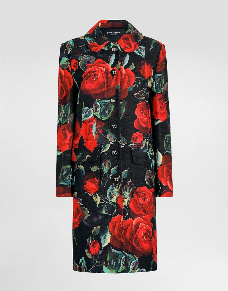 Single-breasted rose-print cotton jacquard coat