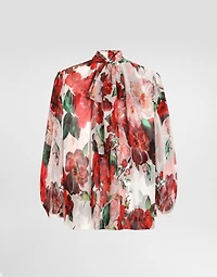 Chiffon pussy-bow blouse with rose print