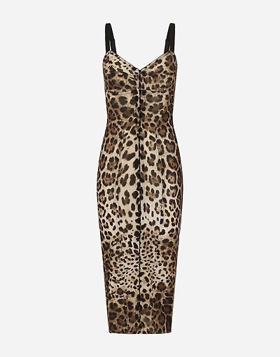 Marquisette calf-length dress with leopard print