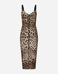 Marquisette calf-length dress with leopard print
