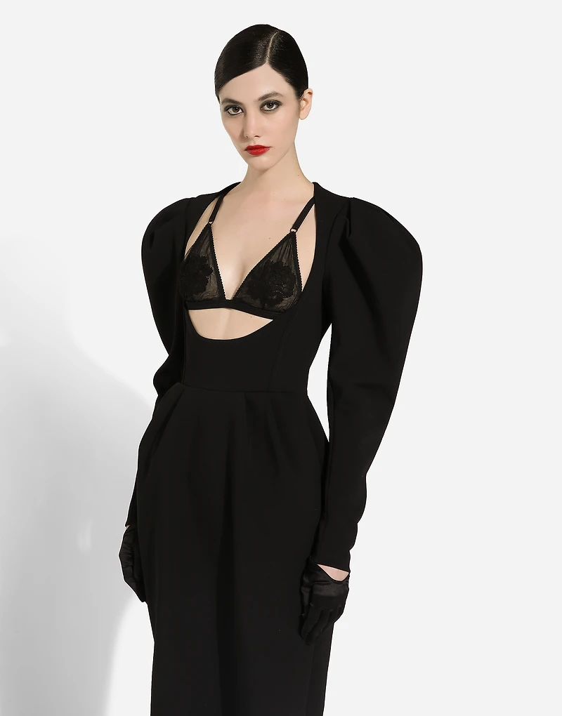 Calf-length wool dress with open neckline