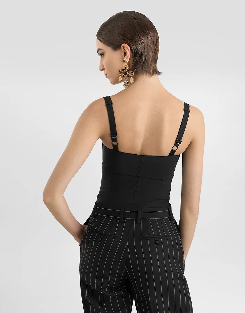 Lace and elasticated fabric bodysuit with deep neckline conical cups