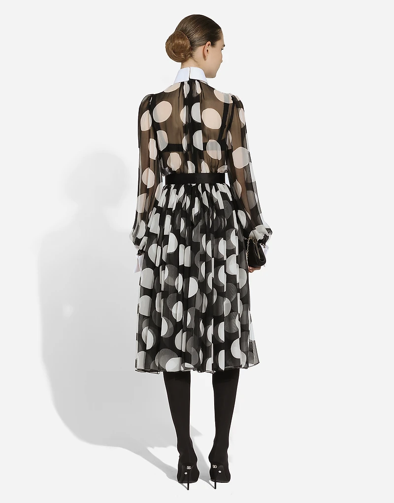Polka-dot chiffon calf-length dress with piqué details