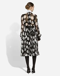 Polka-dot chiffon calf-length dress with piqué details