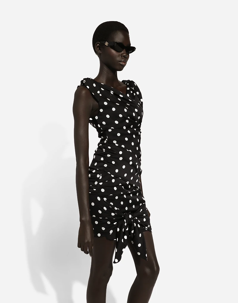 Charmeuse midi dress with draping and polka-dot print