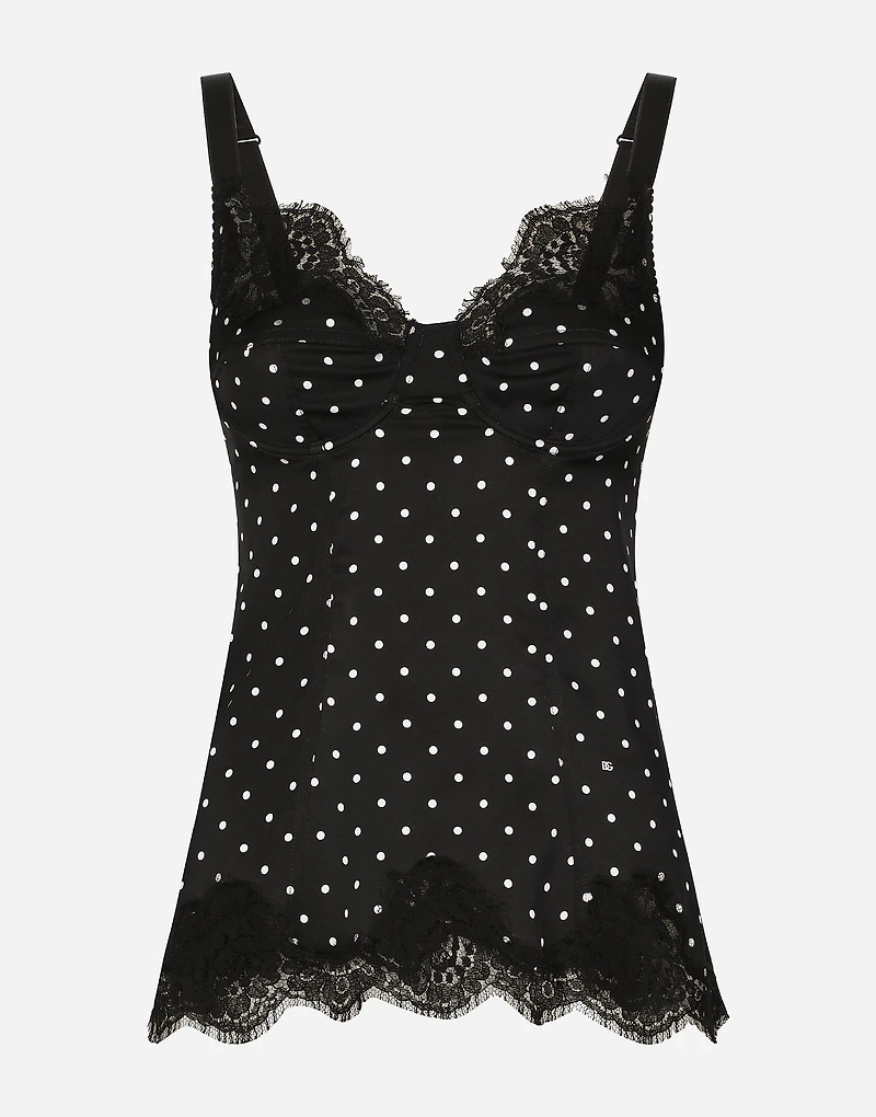 Silk lingerie-style top with polka-dot print and lace detailing
