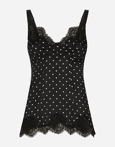 Silk lingerie-style top with polka-dot print and lace detailing