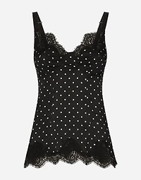 Silk lingerie-style top with polka-dot print and lace detailing