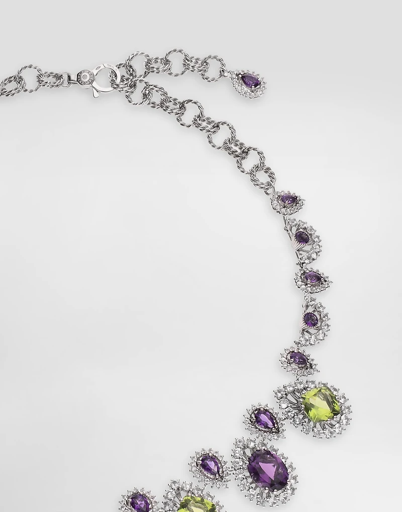 Eleganza Necklace 18-carat white gold, amethysts, peridots, and sapphires