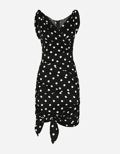 Charmeuse midi dress with draping and polka-dot print