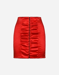Satin miniskirt with hook-and-eye fastenings