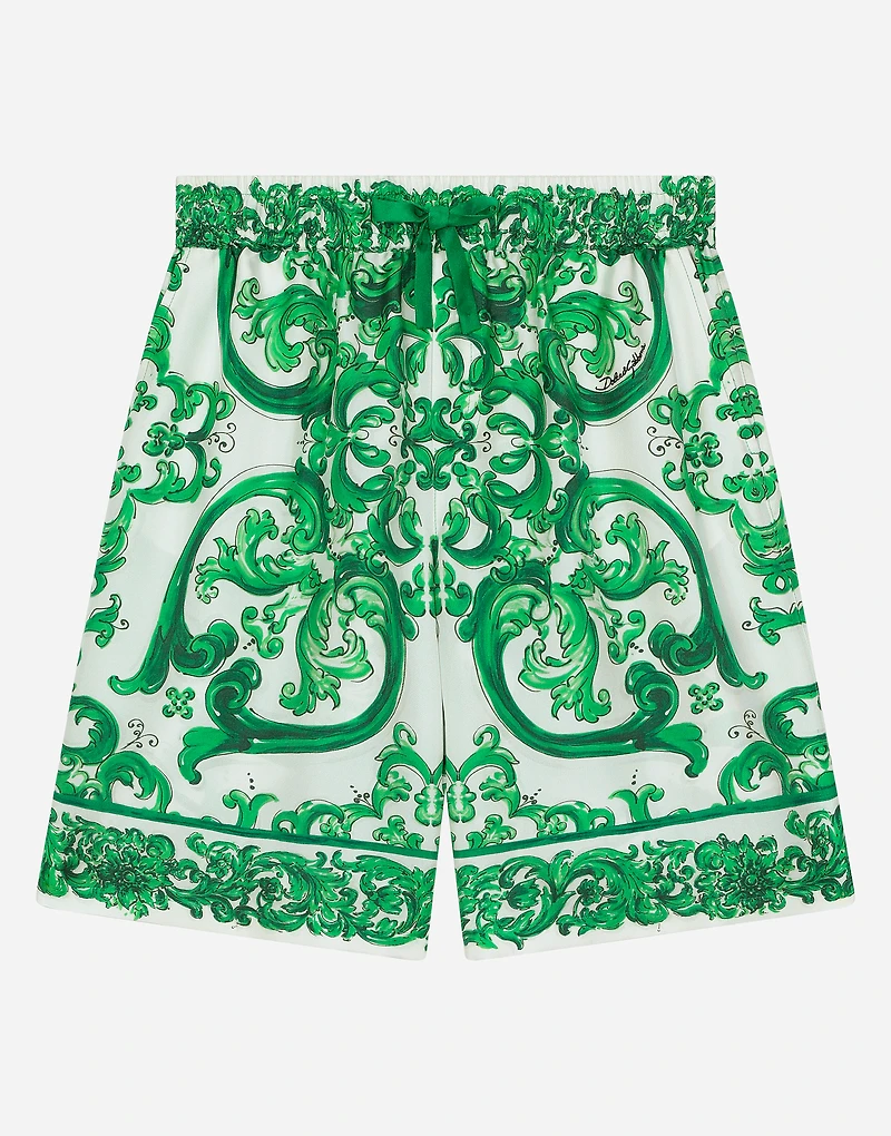 Twill shorts with green majolica print