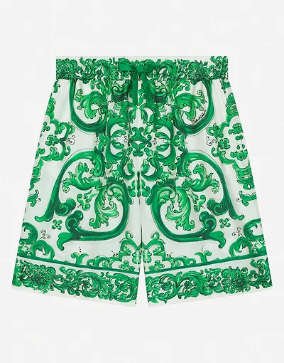 Twill shorts with green majolica print