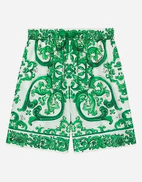 Twill shorts with green majolica print