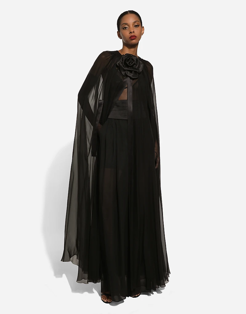 Silk chiffon cape with flower appliqué