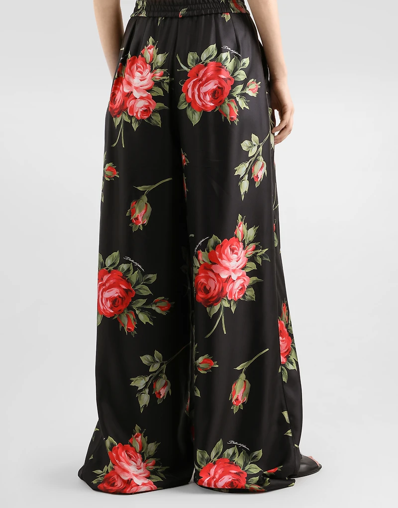 Rose bouquet-print wide twill trousers