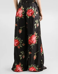 Rose bouquet-print wide twill trousers