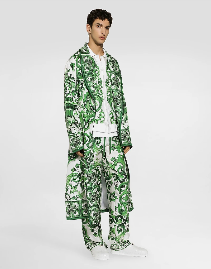 Oversize silk and yarn shirt with majolica print