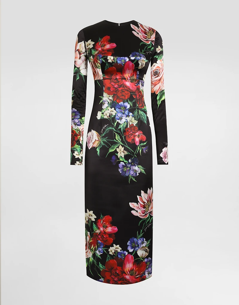 Satin calf-length round-neck dress with floral print
