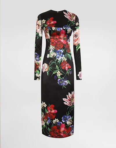 Satin calf-length round-neck dress with floral print