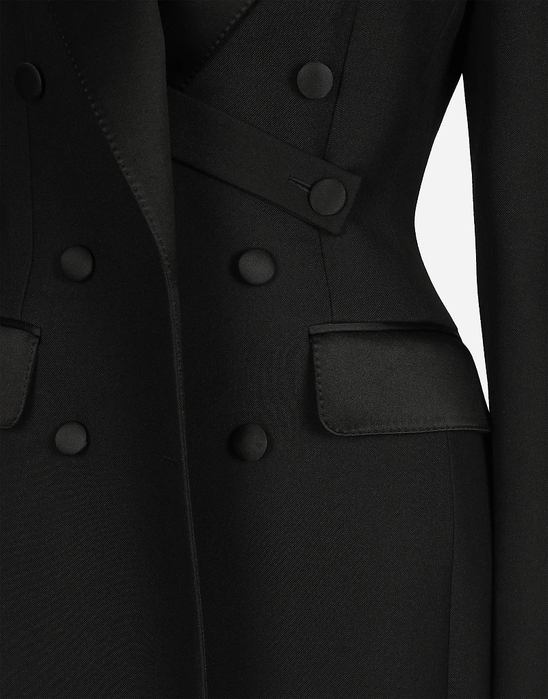 Double-breasted wool gabardine tuxedo coat with padded hips