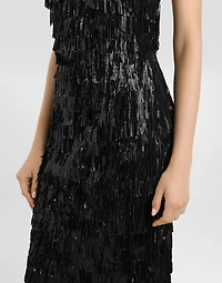 Calf-length slip dress with sequined fringing