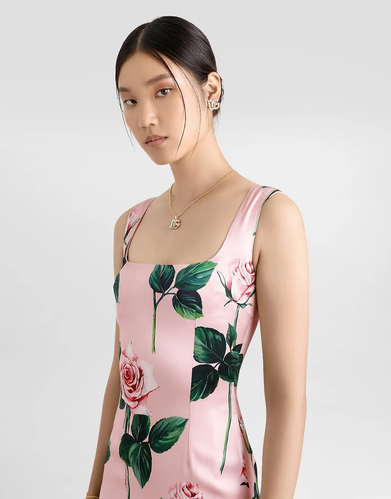 Satin calf-length sheath dress with rose print