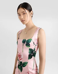 Satin calf-length sheath dress with rose print