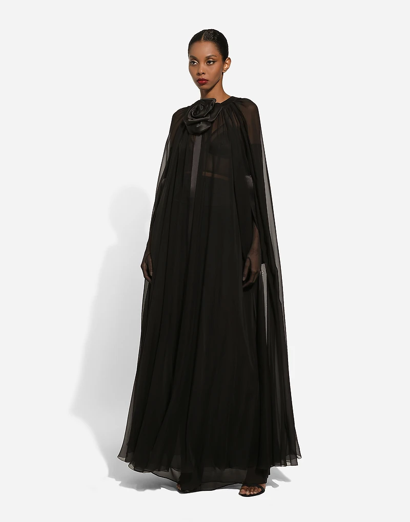 Silk chiffon cape with flower appliqué