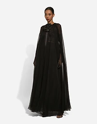Silk chiffon cape with flower appliqué
