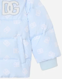 Short nylon down jacket with all-over logo print and DG