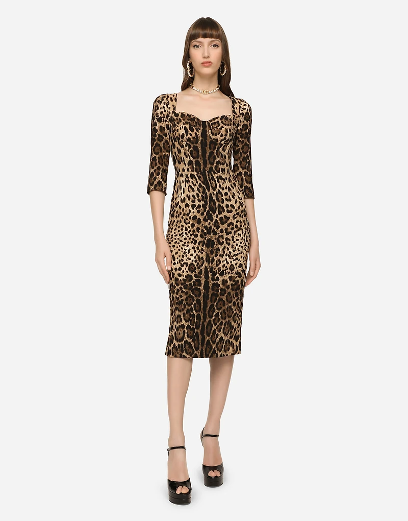 Leopard-print calf-length cady dress