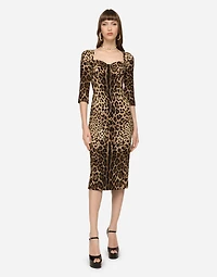 Leopard-print calf-length cady dress