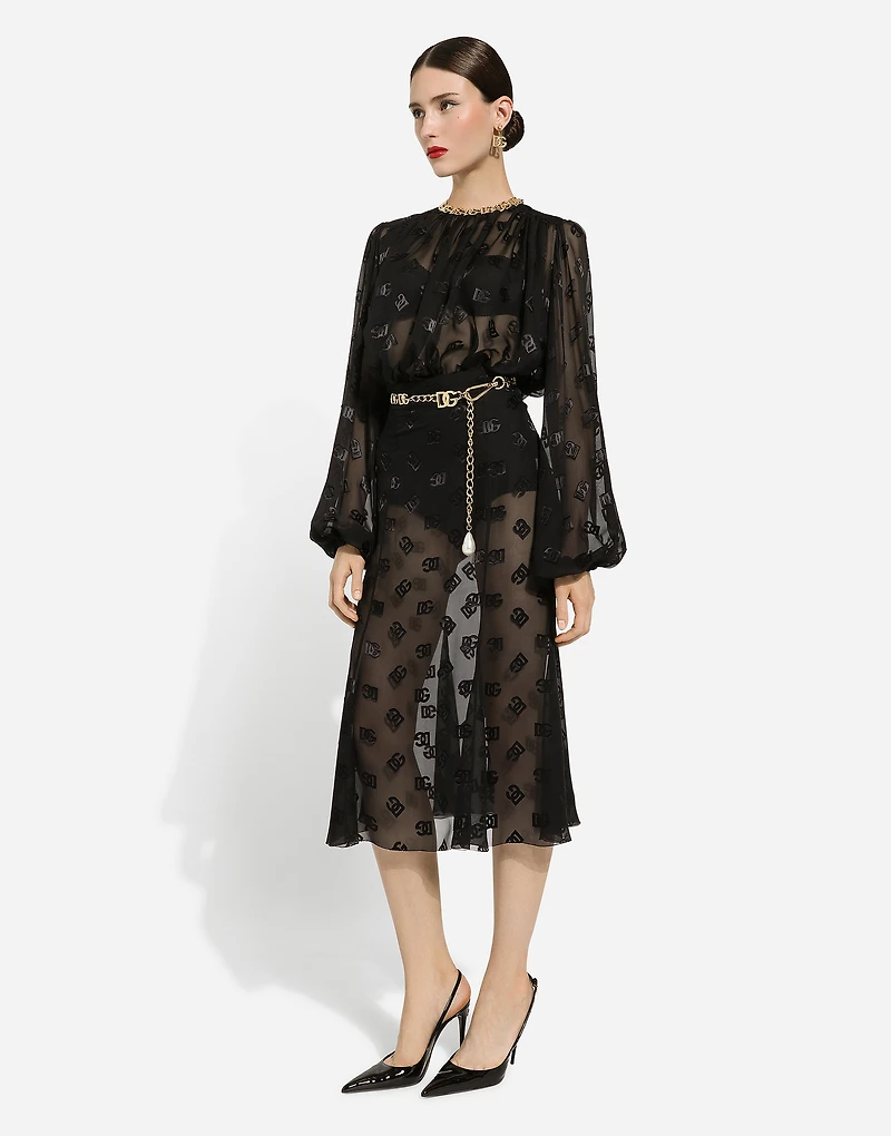 Dévoré satin godet skirt with DG logo