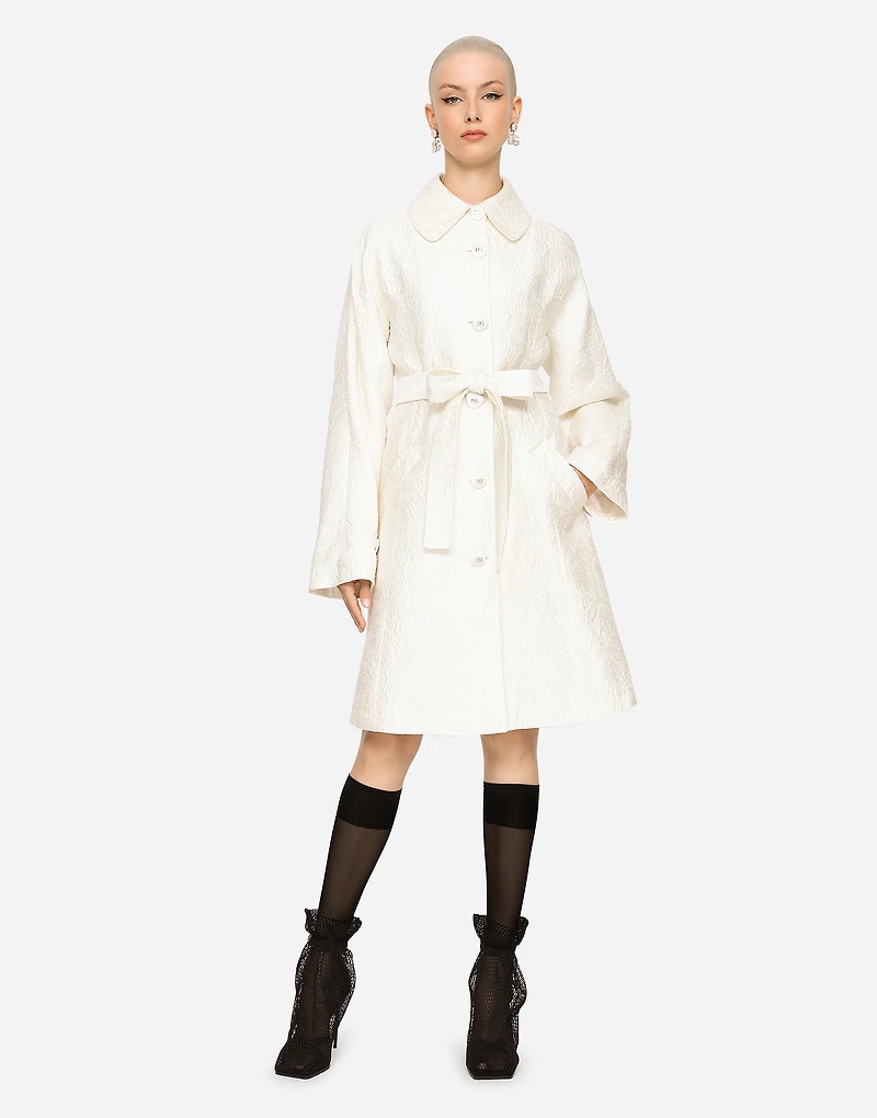Belted floral jacquard coat