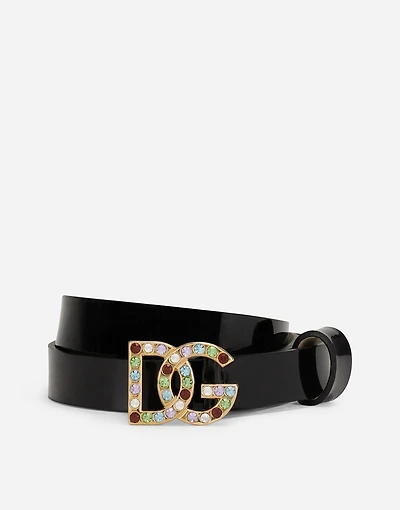 Patent leather belt with multi-colored crystals
