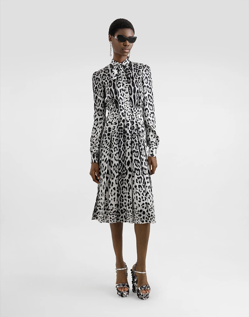 Satin calf-length shirt dress with pussy-bow and leopard print