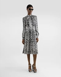 Satin calf-length shirt dress with pussy-bow and leopard print
